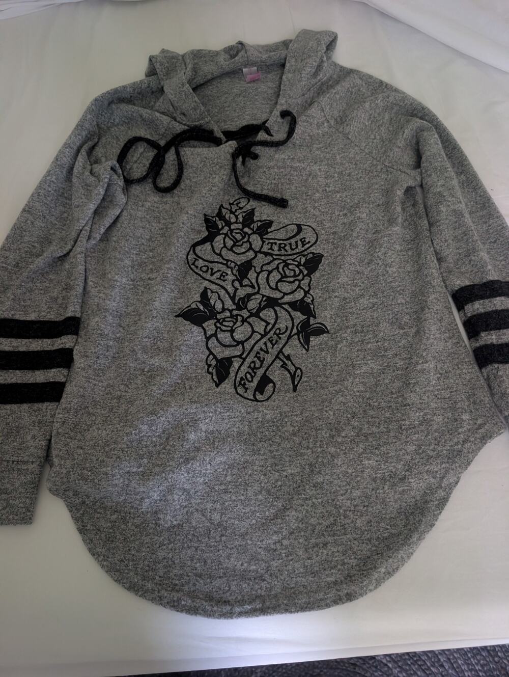 Y2K No Boundaries Juniors L 11-13 Gray Hoodie True Love Floral Long Sleeve Goth